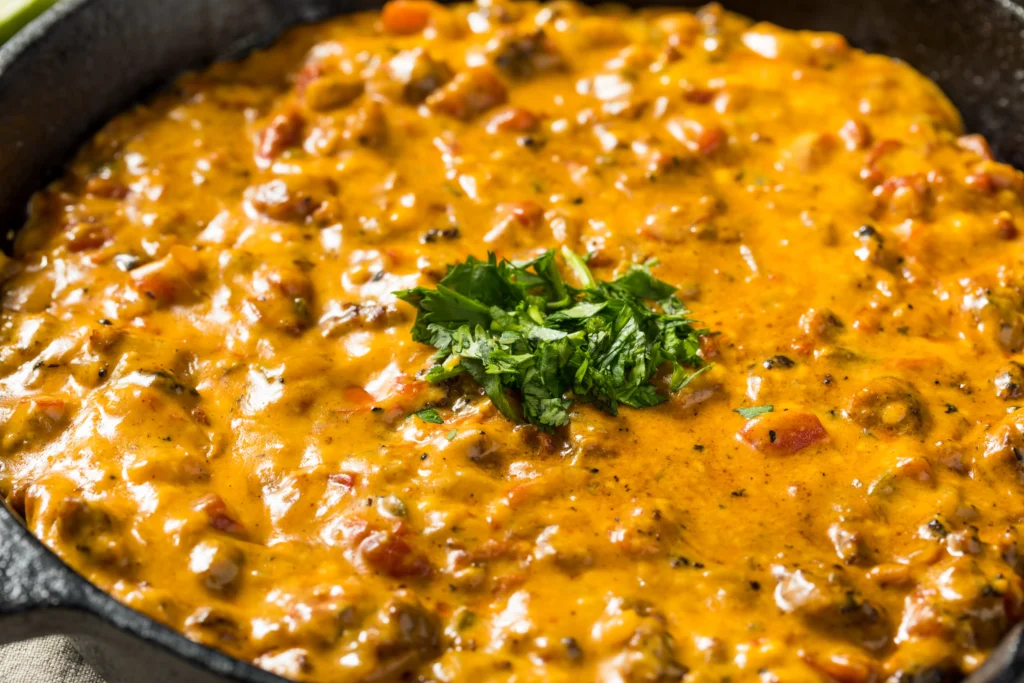 A bowl of creamy Rotel dip made with melted cheese, ground beef, and tomatoes with chilies, served with tortilla chips for game day