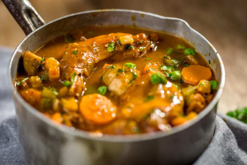 A variety of healthy crockpot meals including vegetable stew, chicken with herbs, and lentil soup served in bowls on a rustic kitchen table.