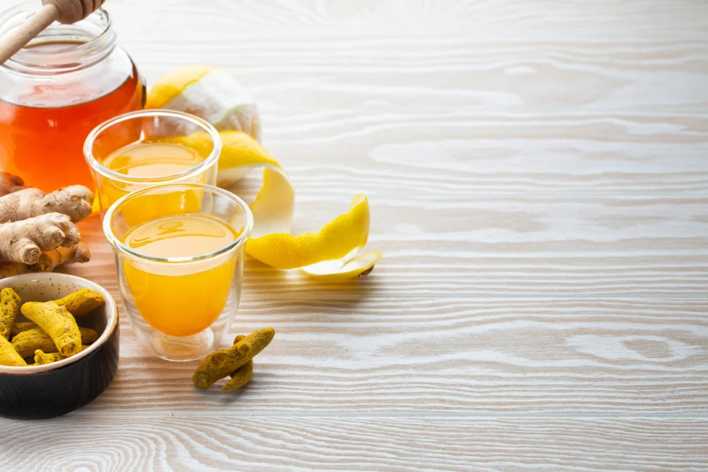 Ginger Shot Recipe
Fresh ginger shot in a small glass with lemon and turmeric for natural morning energy boost