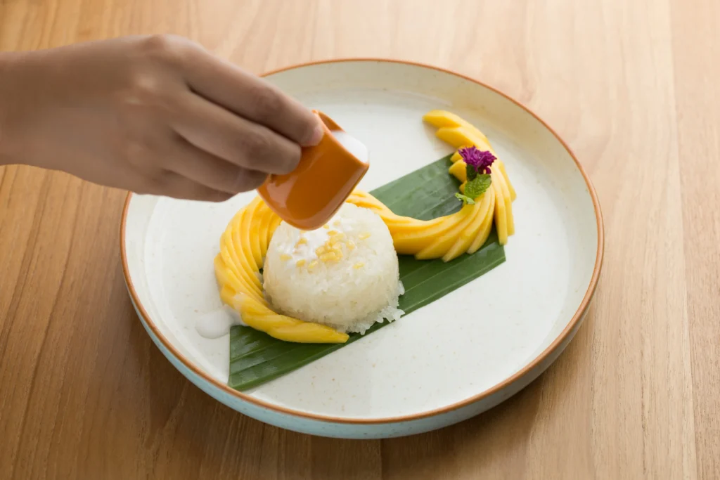 Mango sticky rice served with coconut milk and fresh sliced mango on a plate