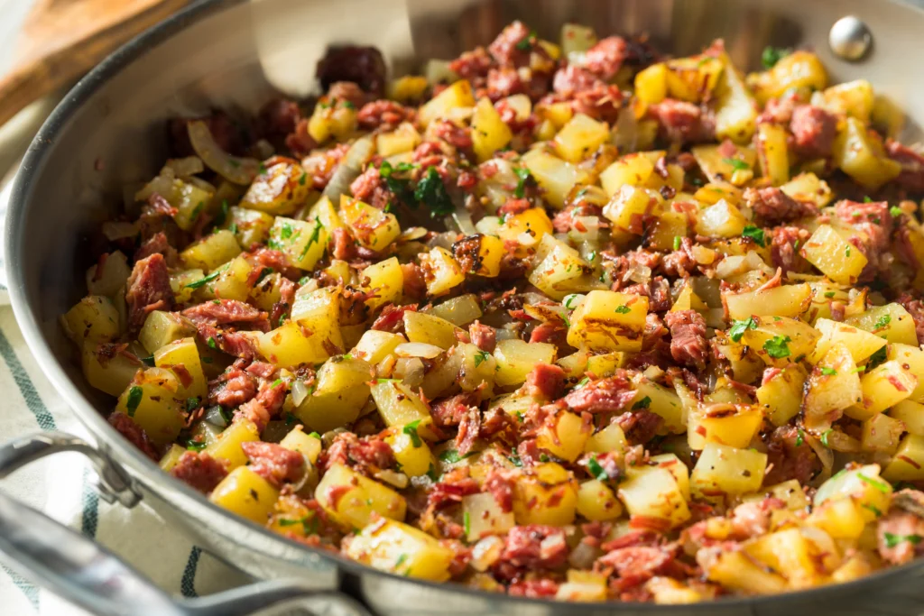 Savory corned beef hash with crispy potatoes, onions, and herbs cooked in a skillet