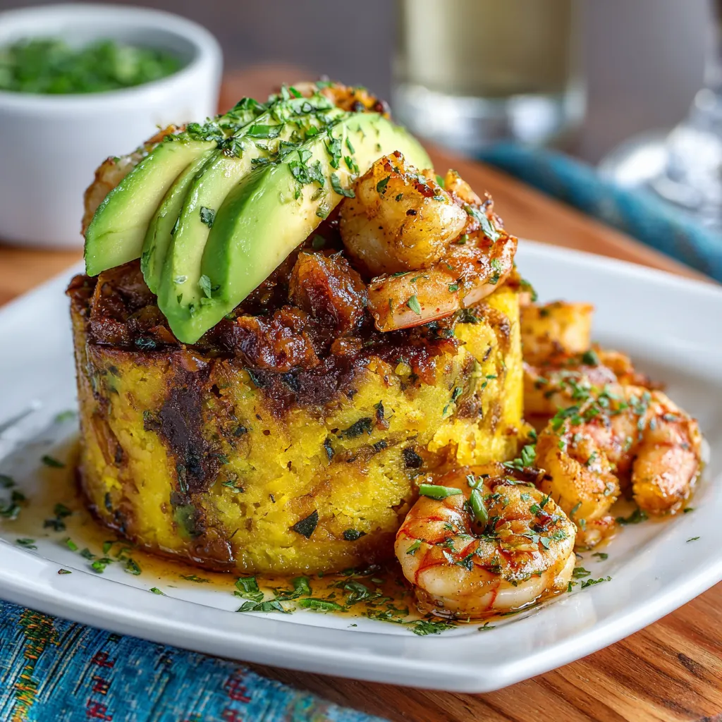 Authentic Puerto Rican Mofongo Recipe with garlic and fried plantains served with shrimp and avocado