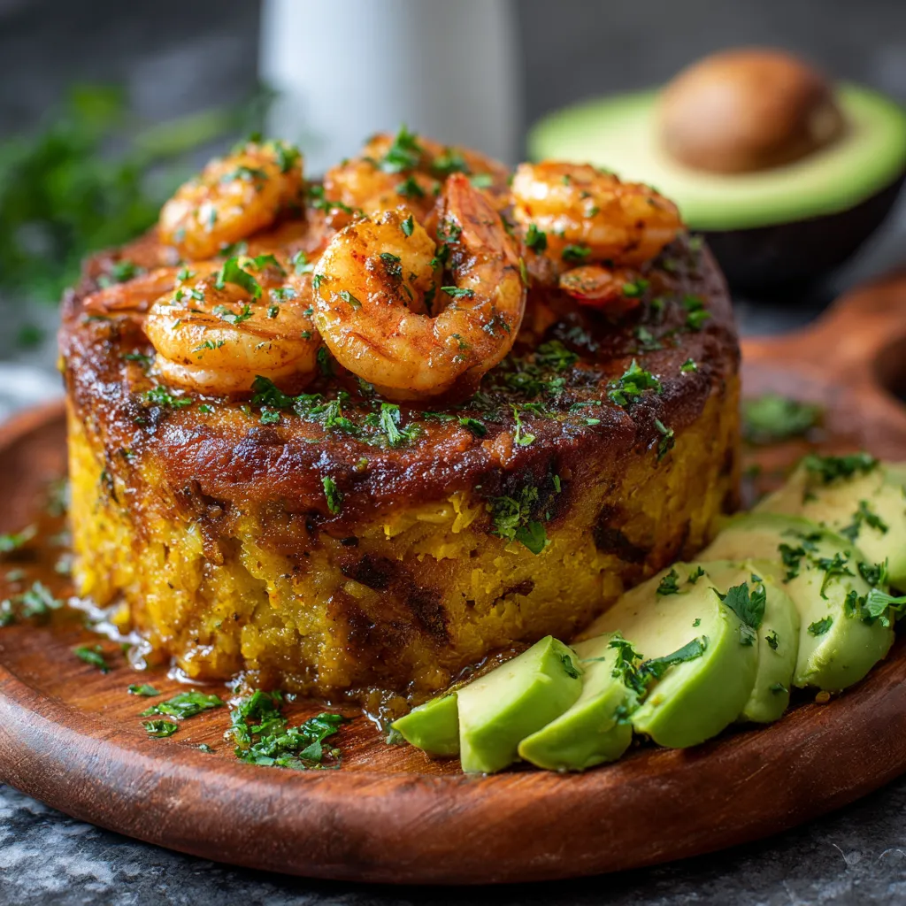 Authentic Puerto Rican Mofongo Recipe with garlic and fried plantains served with shrimp and avocado