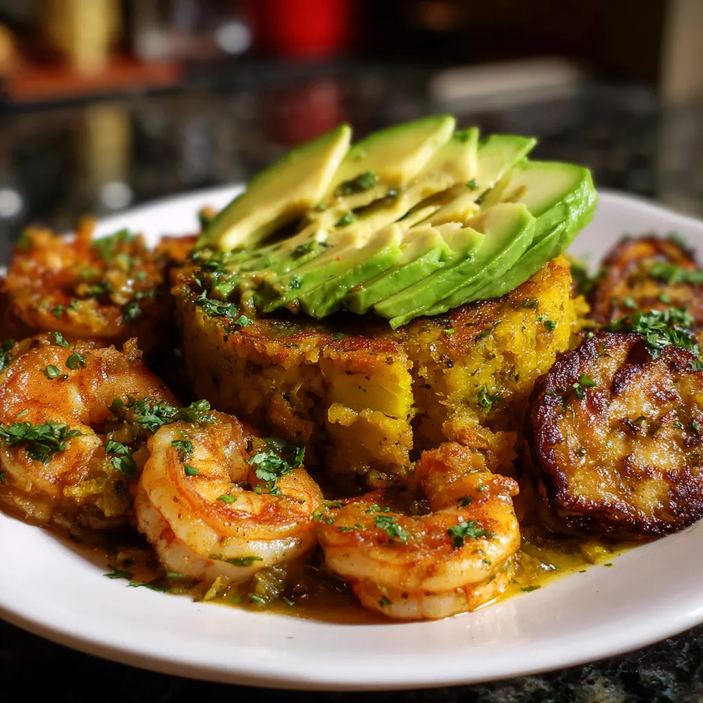 Authentic Puerto Rican Mofongo Recipe with garlic and fried plantains served with shrimp and avocado