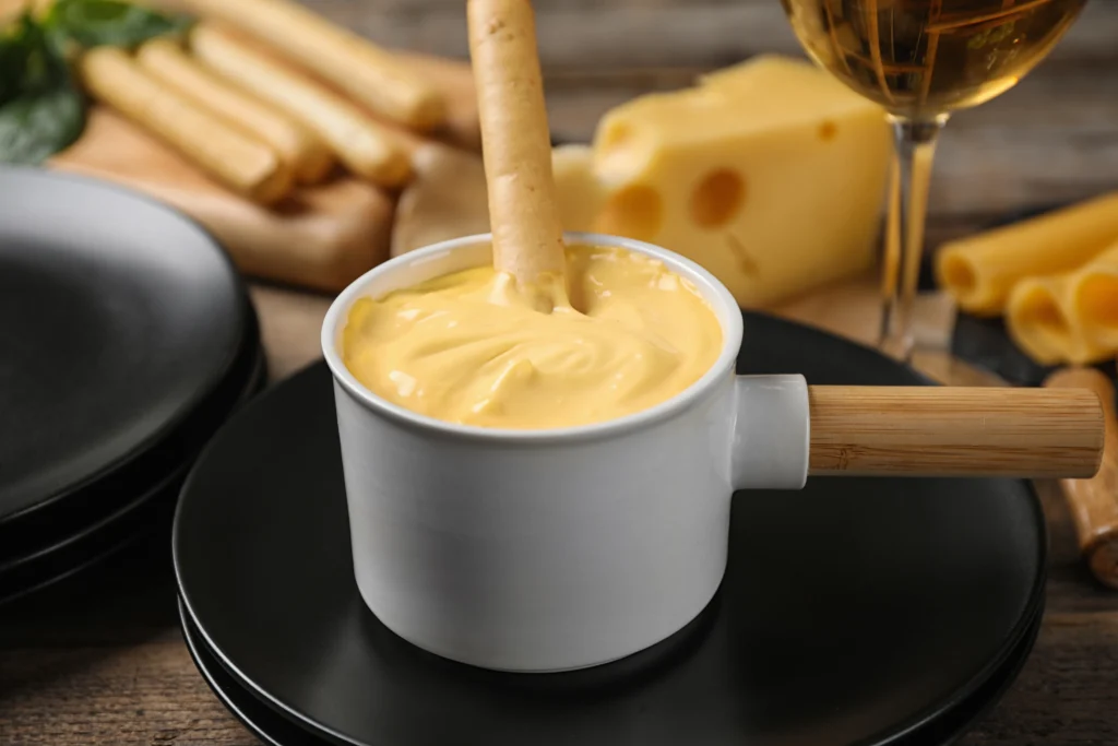 Cheddar cheese sauce recipe in a creamy pan, smooth and glossy melted sauce perfect for dipping and drizzling.
