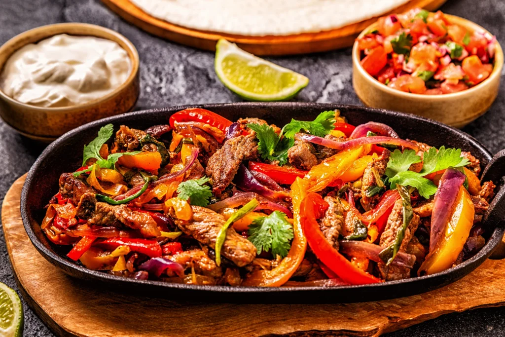Homemade Tex-Mex fajita seasoning in a rustic bowl surrounded by colorful spices, peppers, and sizzling chicken fajitas