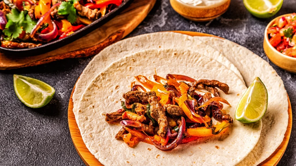 Homemade Tex-Mex fajita seasoning in a rustic bowl surrounded by colorful spices, peppers, and sizzling chicken fajitas