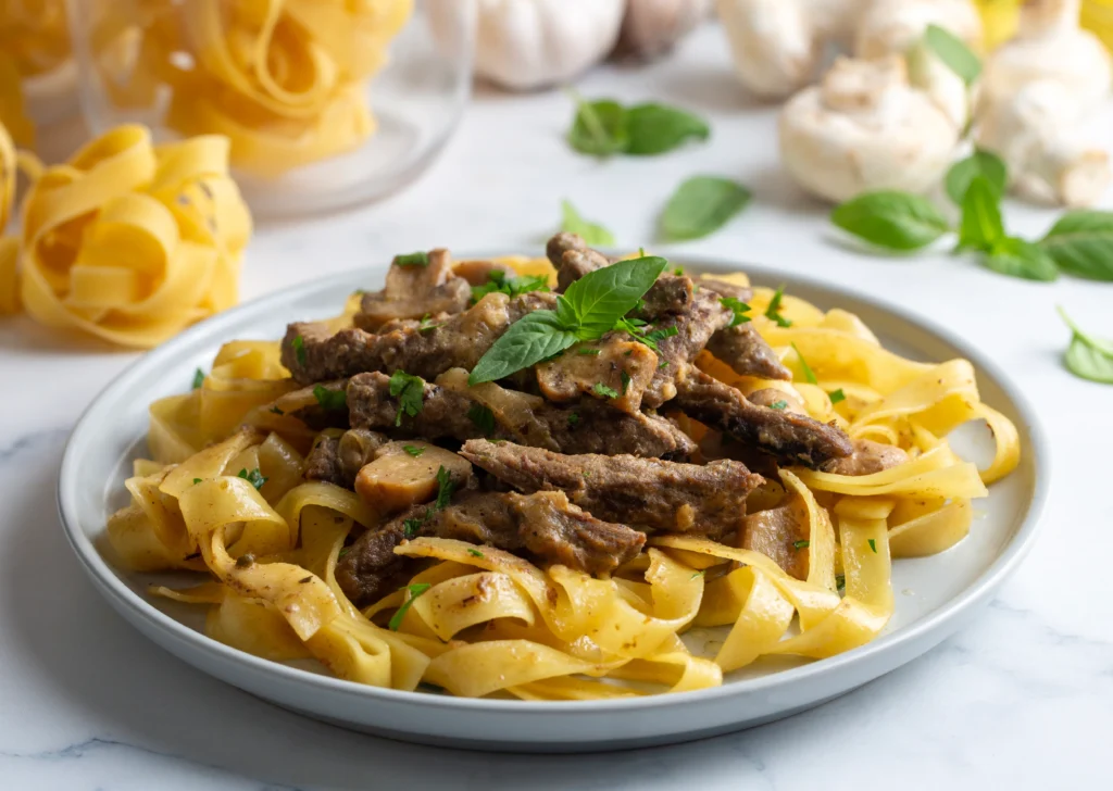 Slow cooker beef and noodles served in a creamy sauce, tender beef and egg noodles in a comforting homemade dish
