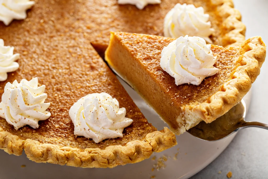 Classic Libby’s pumpkin pie topped with whipped cream on a wooden table during the holiday season