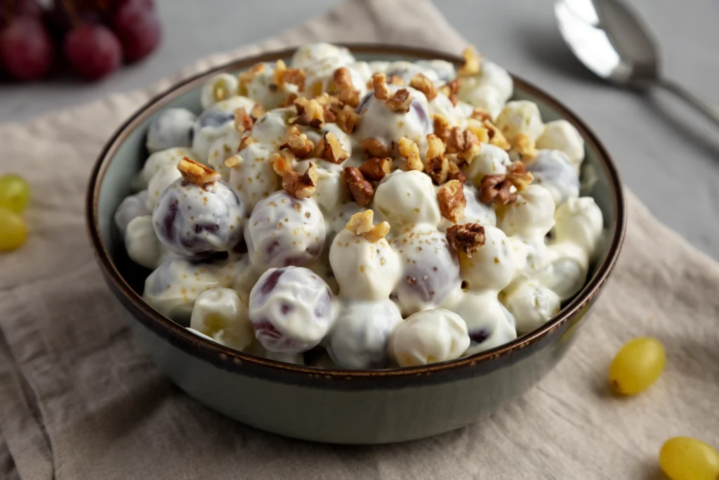 Creamy homemade grape salad with red and green grapes, topped with brown sugar and chopped pecans in a bowl