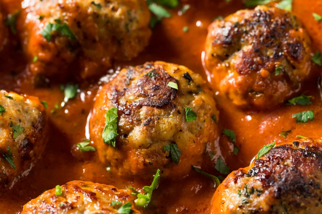 Turkey meatballs simmering in rich tomato sauce in a skillet, served with fresh herbs on top.