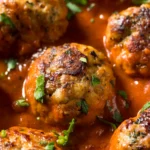 Turkey meatballs simmering in rich tomato sauce in a skillet, served with fresh herbs on top.