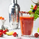 Flavor-packed Bloody Mary cocktail garnished with celery, lemon, olives, and spices in a tall glass.