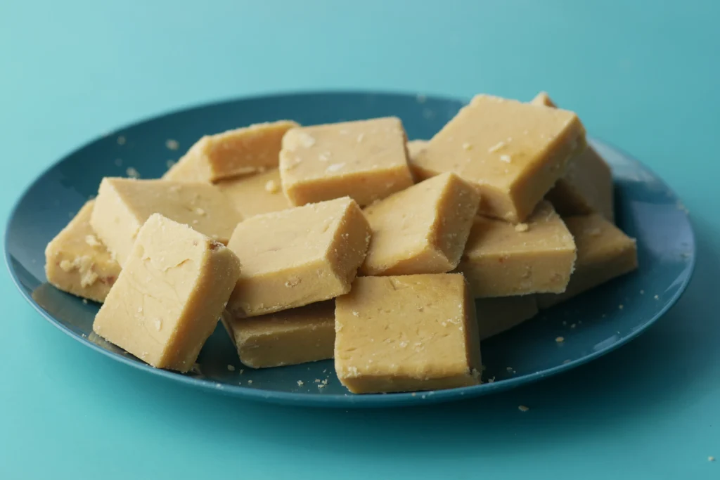 Easy Peanut Butter Fudge made with 3 ingredients, creamy homemade dessert squares on parchment paper