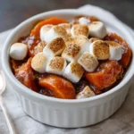 Easy candied yams recipe with marshmallows and cinnamon in a baked dish