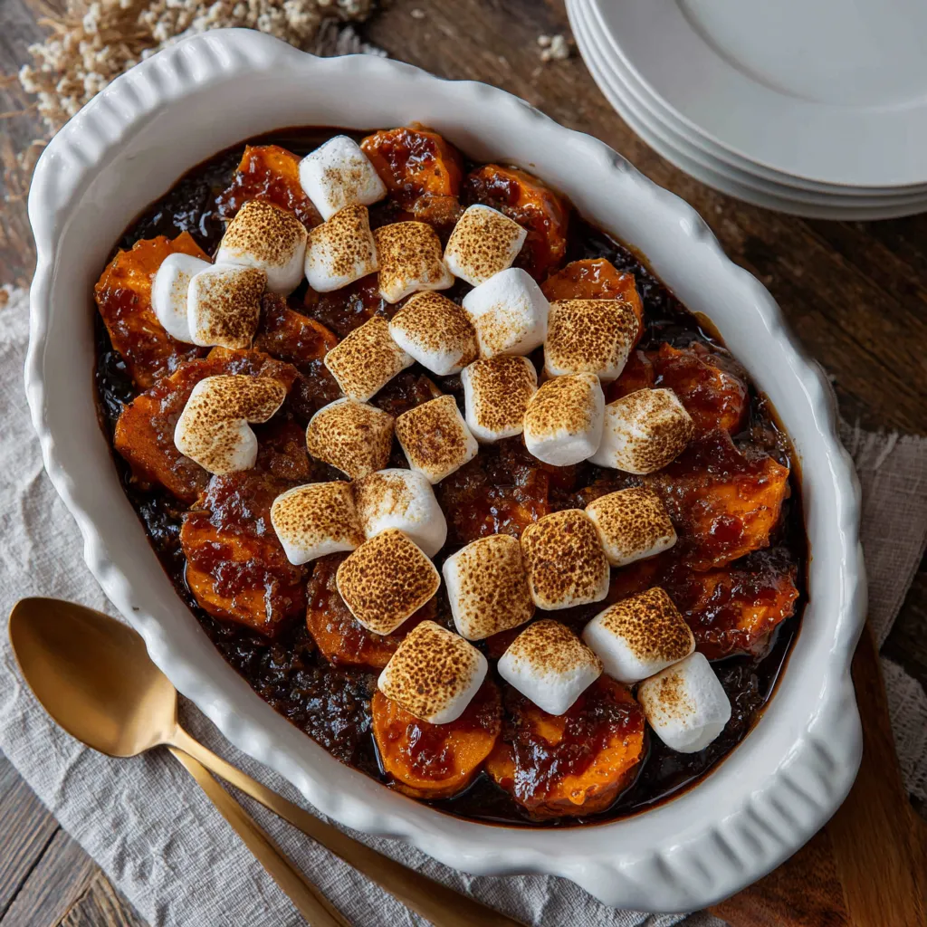 Easy candied yams recipe with marshmallows and cinnamon in a baked dish
