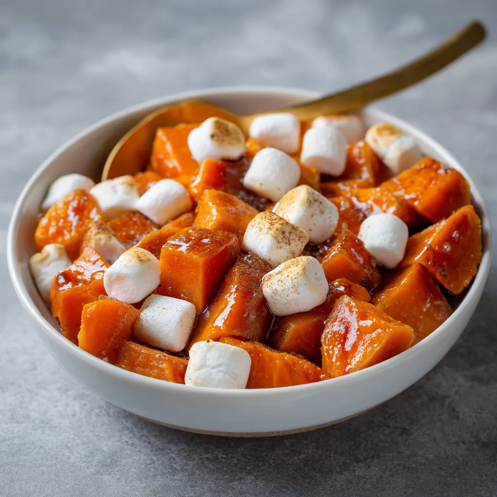 Easy candied yams recipe with marshmallows and cinnamon in a baked dish