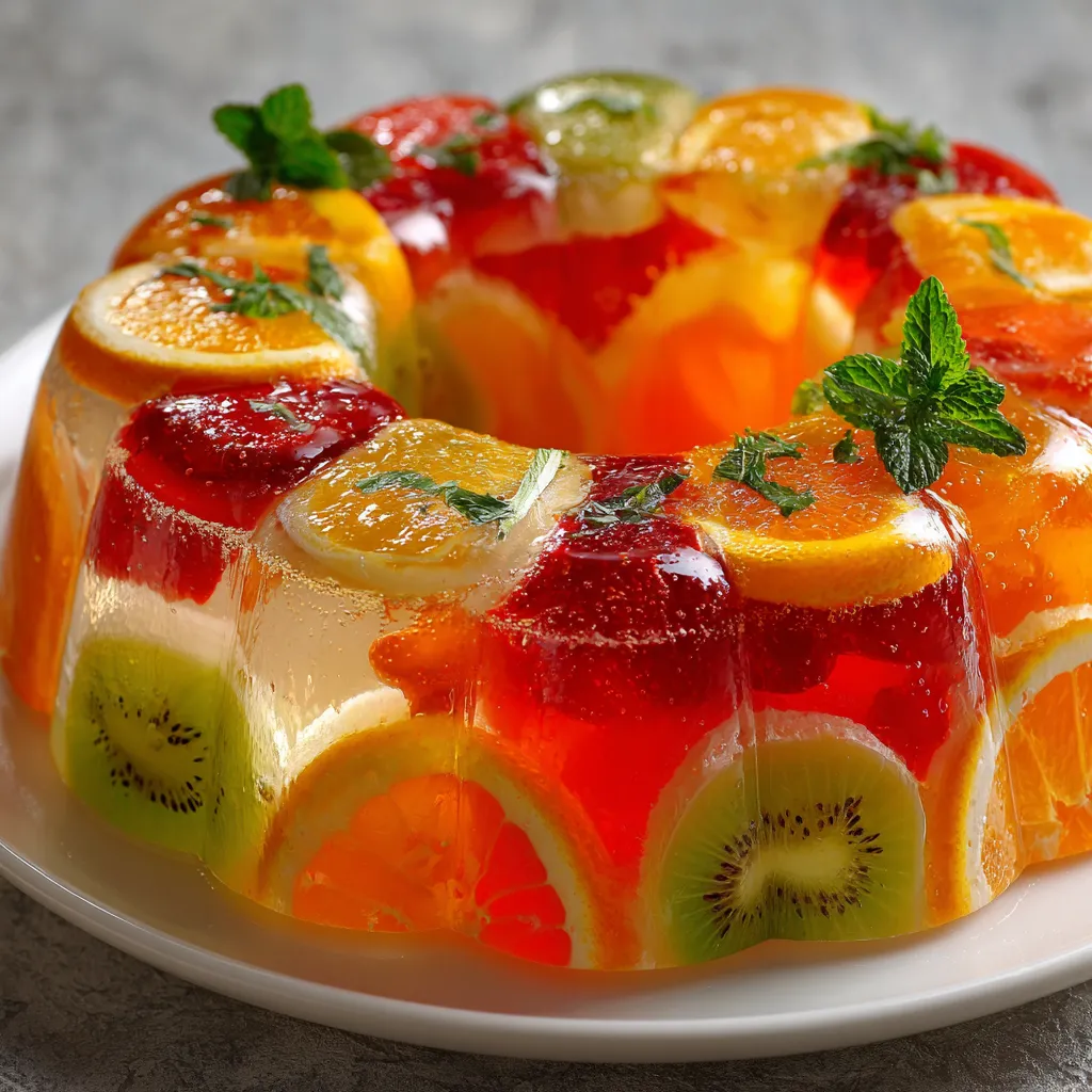 Colorful fruity gelatin dessert topped with fresh strawberries, kiwi, blueberries, and whipped cream in a glass serving dish.
