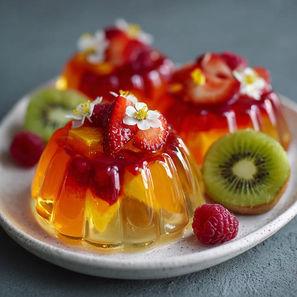 Colorful fruity gelatin dessert topped with fresh strawberries, kiwi, blueberries, and whipped cream in a glass serving dish.