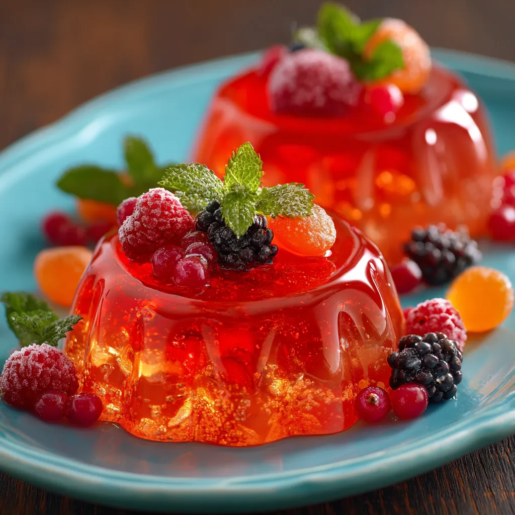 Colorful fruity gelatin dessert topped with fresh strawberries, kiwi, blueberries, and whipped cream in a glass serving dish.