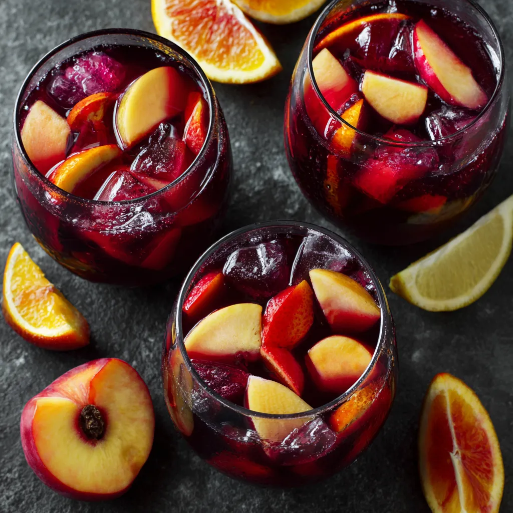 A glass of traditional Spanish sangria with fresh fruit slices including oranges, lemons, and berries served in a pitcher