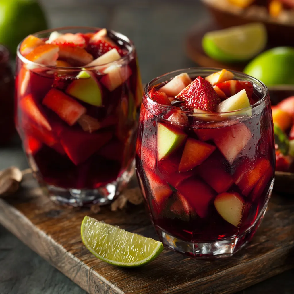 A glass of traditional Spanish sangria with fresh fruit slices including oranges, lemons, and berries served in a pitcher