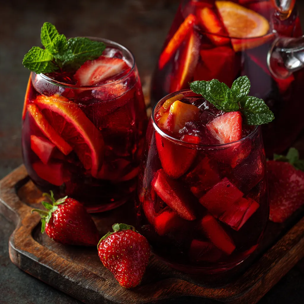 A glass of traditional Spanish sangria with fresh fruit slices including oranges, lemons, and berries served in a pitcher
