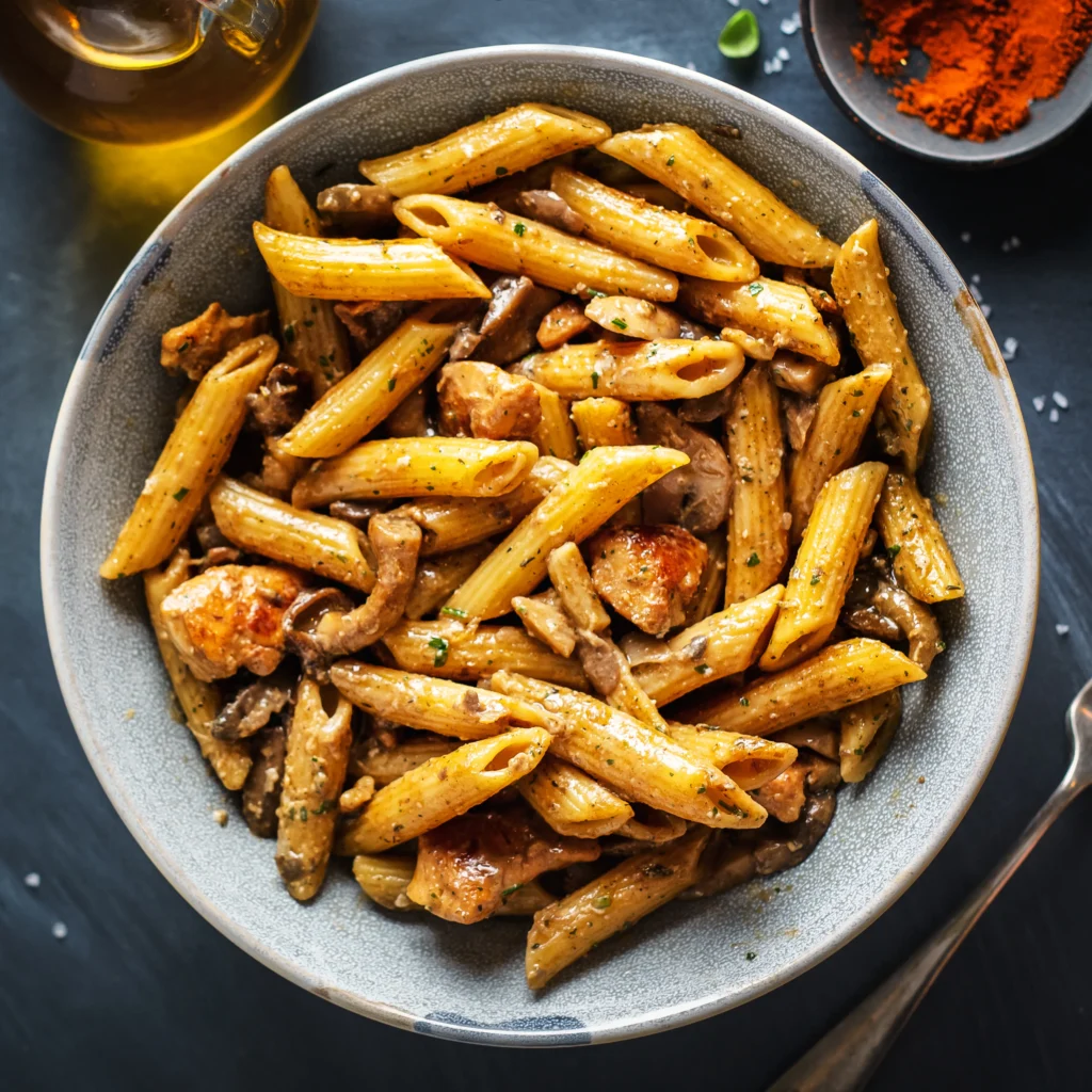 Creamy Marry Me Chicken Pasta served in a rustic bowl, featuring tender chicken pieces, sun-dried tomatoes, Parmesan cheese, and fresh basil garnish.