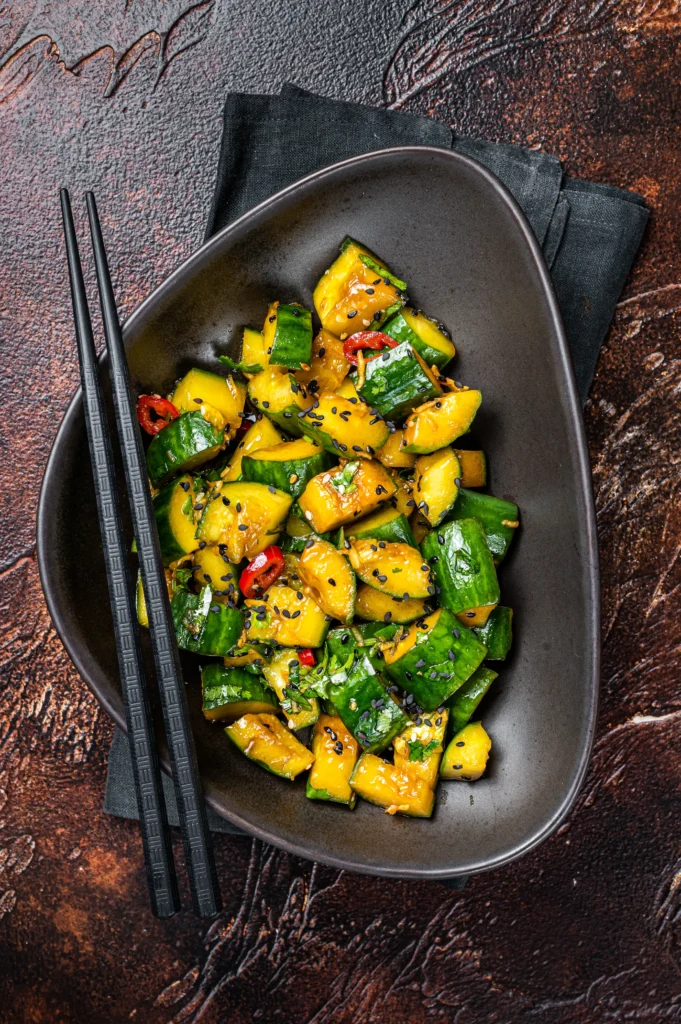 Korean Cucumber Salad Recipe
Low-calorie Korean cucumber salad served in a bowl with sesame seeds and chili flakes