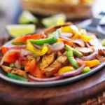 Sheet pan chicken fajitas with seasoned grilled chicken strips, colorful bell peppers, and onions roasted to perfection, served with warm tortillas and fresh lime wedges.
