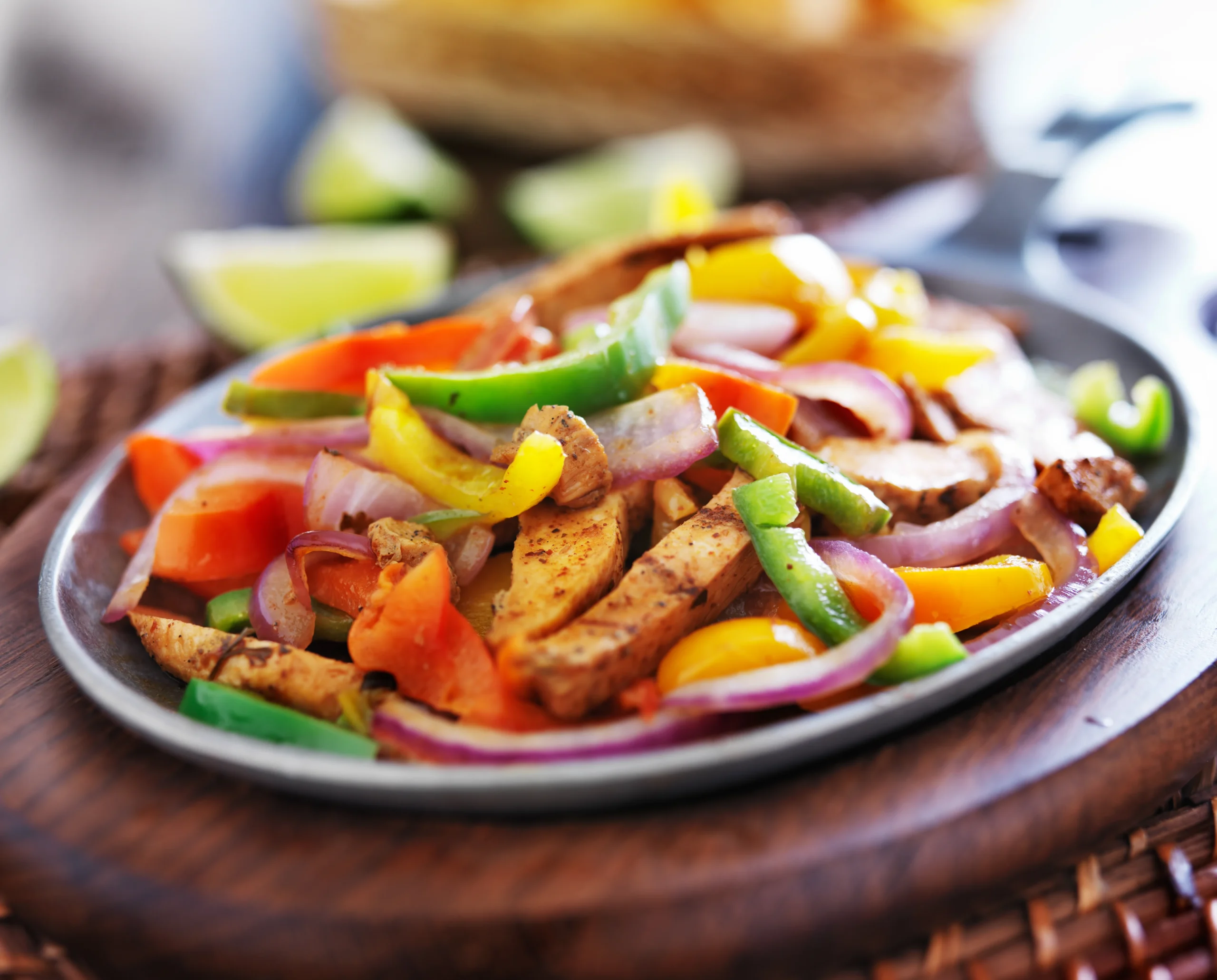 Sheet pan chicken fajitas with seasoned grilled chicken strips, colorful bell peppers, and onions roasted to perfection, served with warm tortillas and fresh lime wedges.