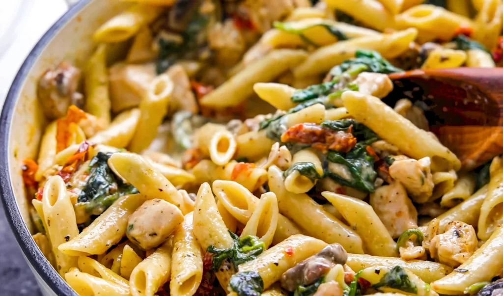 Creamy Marry Me Chicken Pasta served in a rustic bowl, featuring tender chicken pieces, sun-dried tomatoes, Parmesan cheese, and fresh basil garnish.