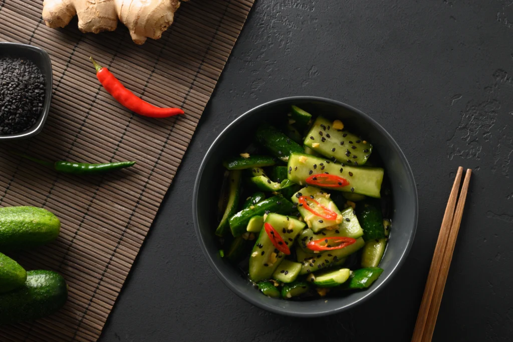 Korean Cucumber Salad Recipe
Low-calorie Korean cucumber salad served in a bowl with sesame seeds and chili flakes