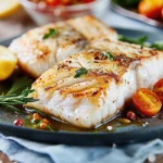 Oven-baked Chilean sea bass with garlic and fresh herbs on a white plate