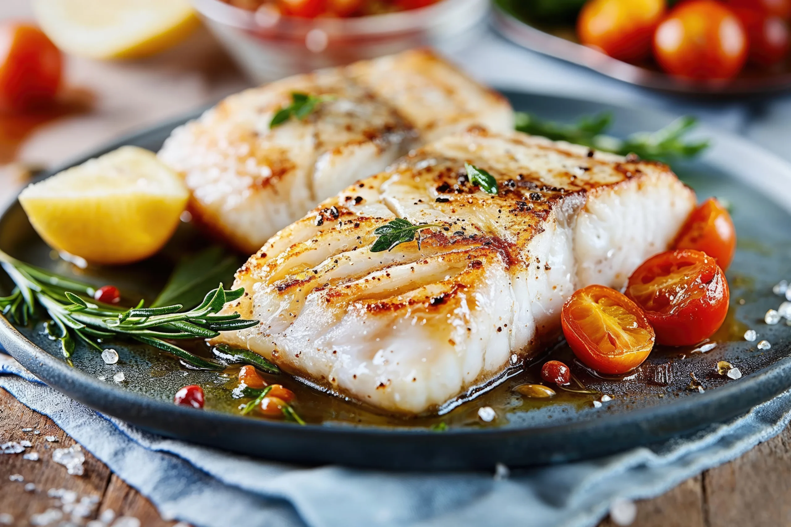 Oven-baked Chilean sea bass with garlic and fresh herbs on a white plate