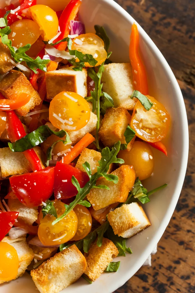 A colorful bowl of Chili Crisp Panzanella Salad made with toasted sourdough bread, ripe tomatoes, cucumbers, bell peppers, fresh basil, and a spicy chili crisp vinaigrette, garnished with herbs and served on a rustic wooden table.
