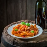 Creamy Penne alla Vodka pasta served in a bowl with rich tomato cream sauce, Parmesan cheese, and fresh basil garnish.