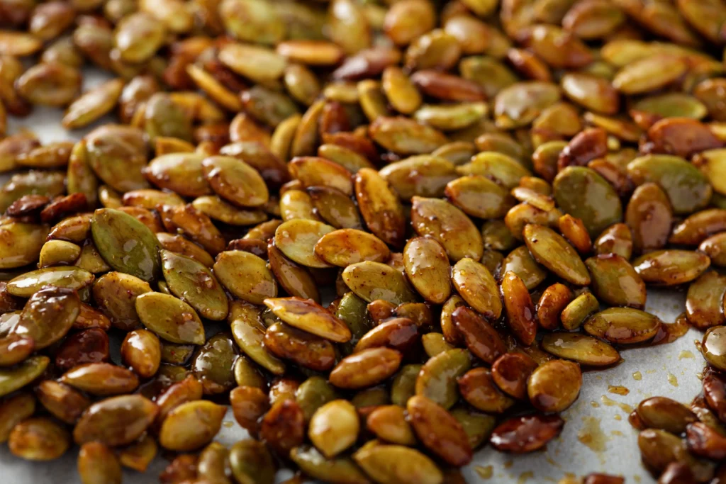 Golden-brown crunchy pumpkin seeds roasted with simple seasonings, served in a rustic bowl and ready for healthy snacking.