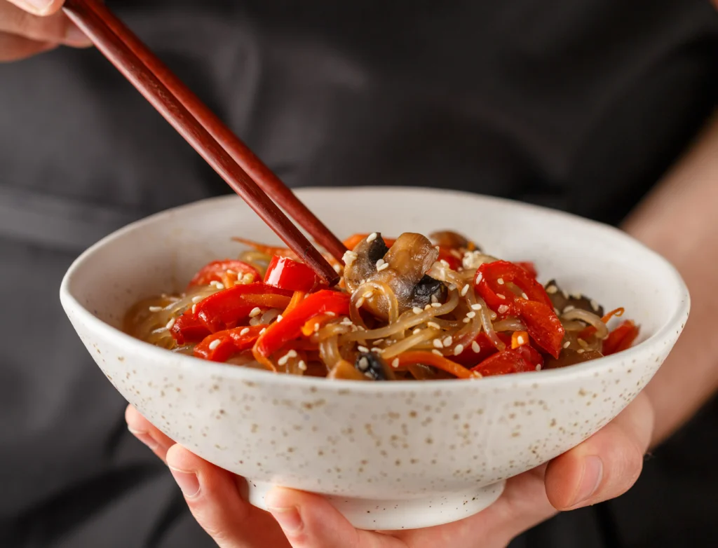 Bowl of cold soba noodle salad with fresh vegetables, edamame, and sesame dressing, served as a light and refreshing summer lunch.
