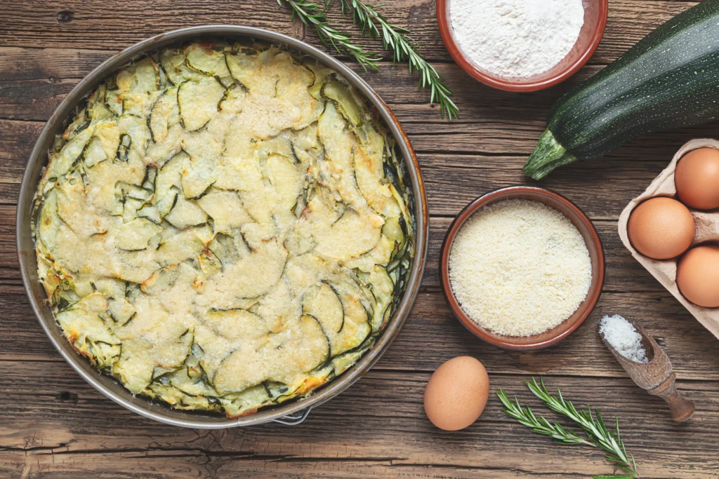Golden-brown Garden Crustless Zucchini Pie Recipe baked with fresh zucchini, herbs, onions, and melted cheese, sliced and served on a white plate.