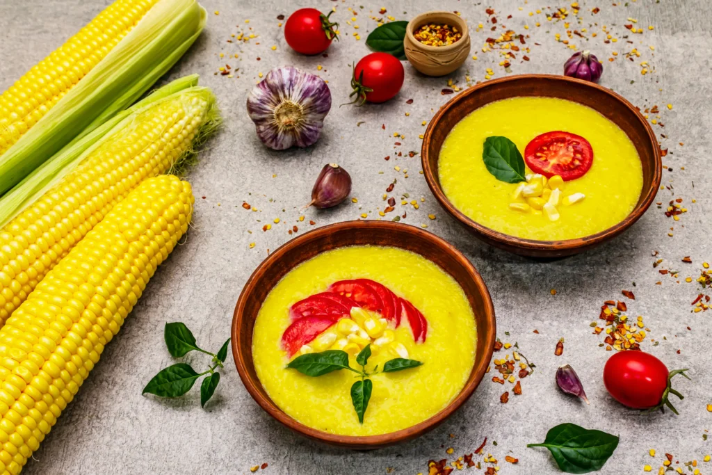 A bowl of creamy cold sweet corn gazpacho topped with fresh corn kernels, herbs, and a drizzle of olive oil, served chilled with crusty bread on a rustic table.