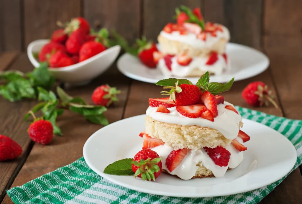 Strawberry Shortcake Recipe
Homemade strawberry shortcake with fluffy biscuits, fresh sliced strawberries, and whipped cream served on a white dessert plate.