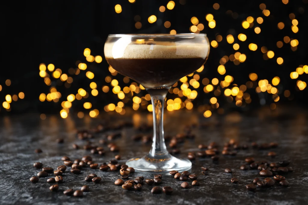 Classic Espresso Martini served in a chilled martini glass with a creamy foam topping and three coffee beans, set beside fresh espresso and coffee beans on a dark bar surface.