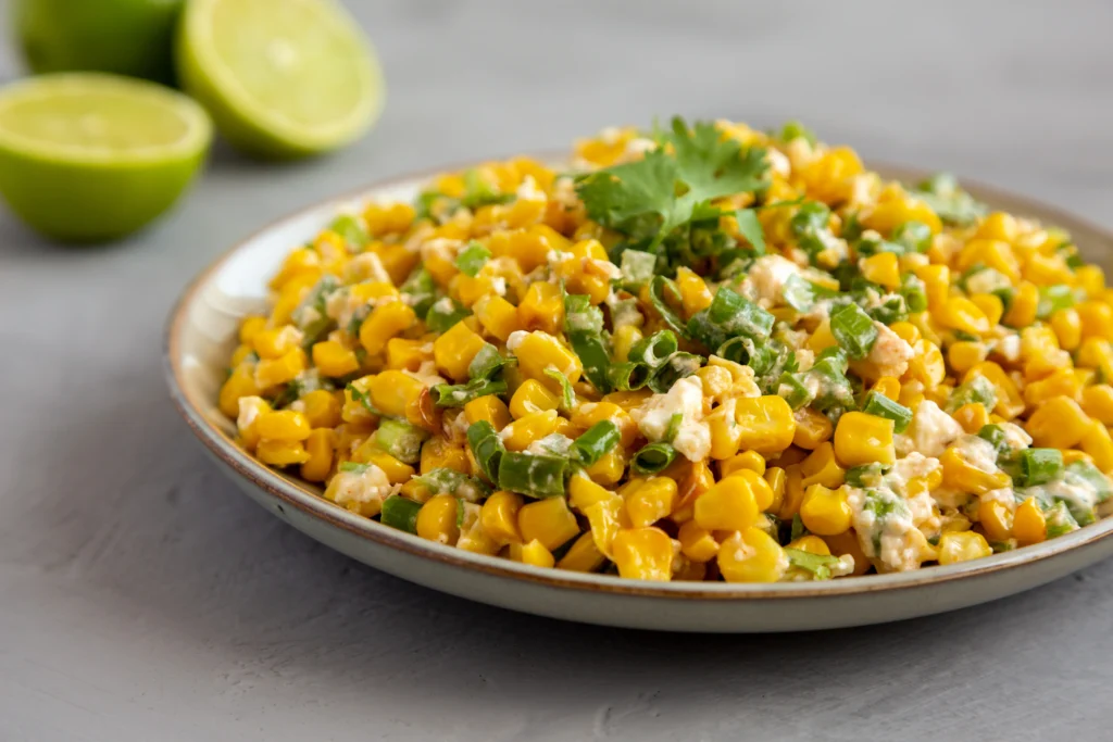 A vibrant bowl of authentic Mexican Street Corn Salad (Elote Salad) made with grilled sweet corn, cotija cheese, cilantro, lime wedges, and chili powder, served fresh in a rustic bowl.