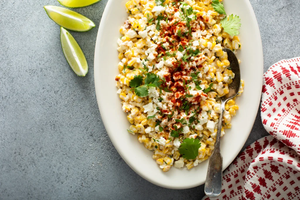 A vibrant bowl of authentic Mexican Street Corn Salad (Elote Salad) made with grilled sweet corn, cotija cheese, cilantro, lime wedges, and chili powder, served fresh in a rustic bowl.