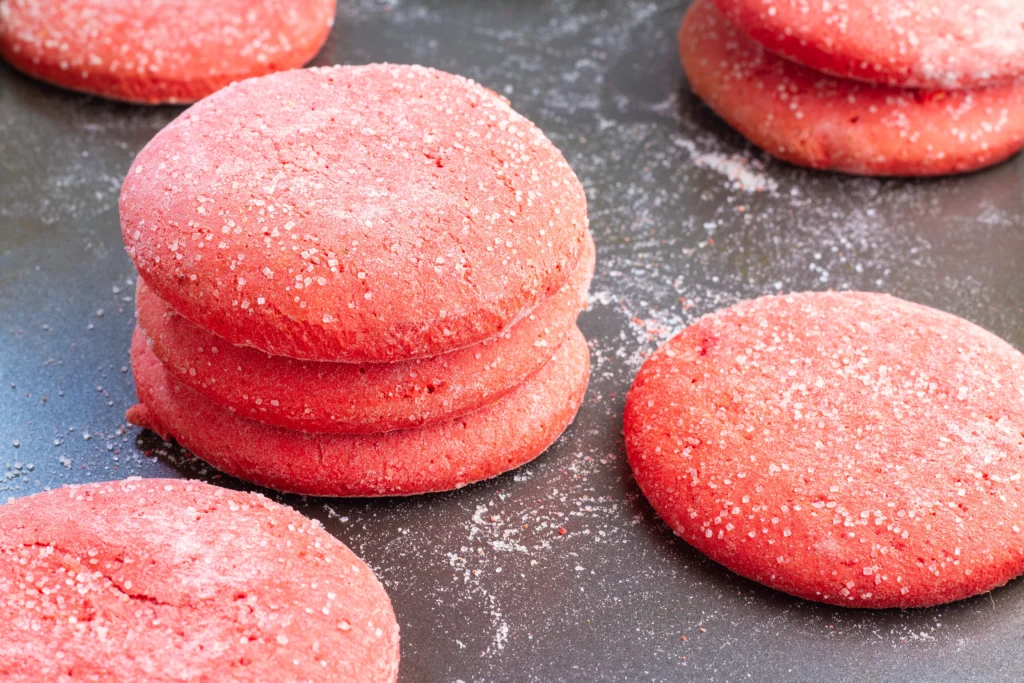 Freshly baked Strawberry Cake Mix Cookies made with just 3 ingredients, featuring soft chewy centers and lightly crisp edges on a cooling rack.
