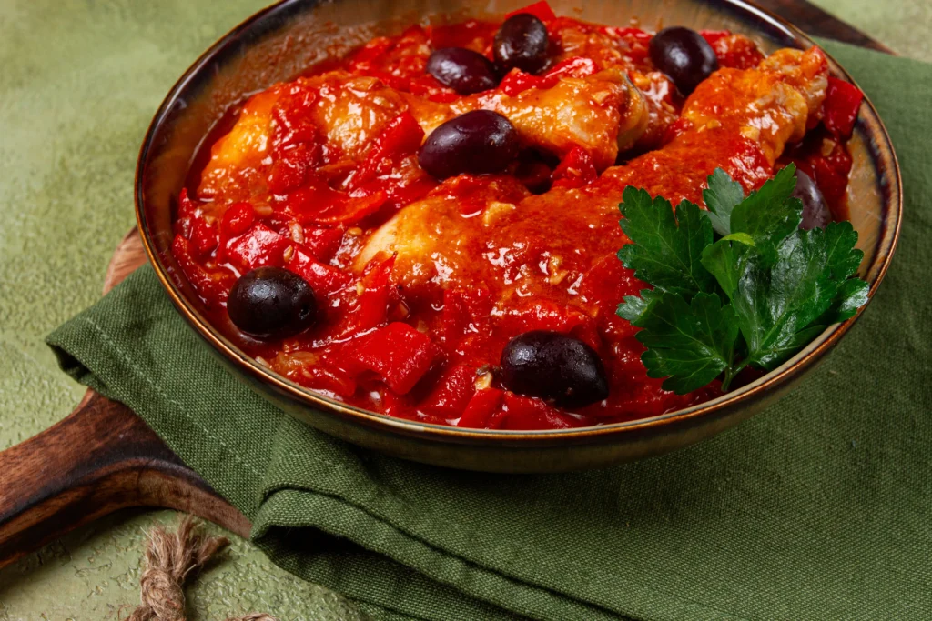 Easy Cacciatore Recipe served in a Dutch oven with tender chicken, tomatoes, mushrooms, bell peppers, onions, and fresh basil in a rich Italian tomato sauce.