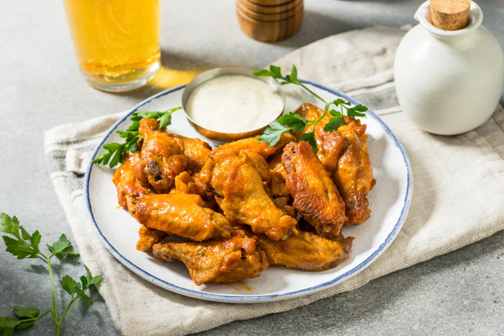Crispy air fryer chicken wings with golden crunchy skin served with dipping sauce