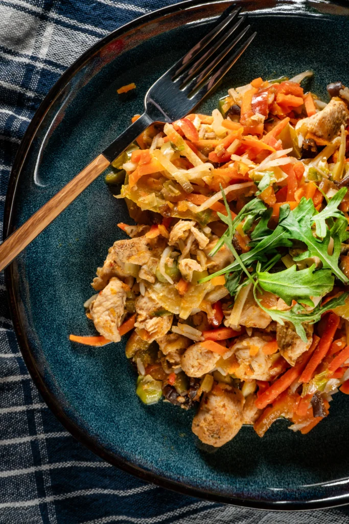 Easy Egg Roll in a Bowl with ground meat, cabbage, carrots, and Asian-inspired flavors