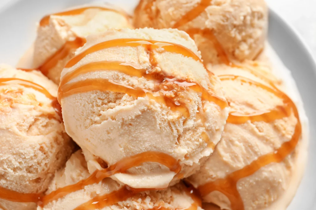 Caramel Macchiato Ice Cream with caramel drizzle and coffee flavor
